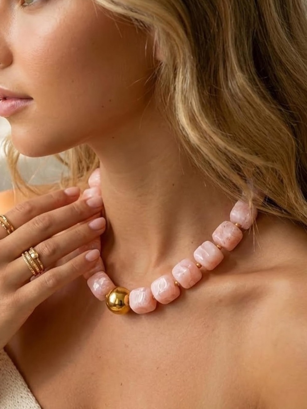 New! Pink Beaded Marbled Chunky Necklace
